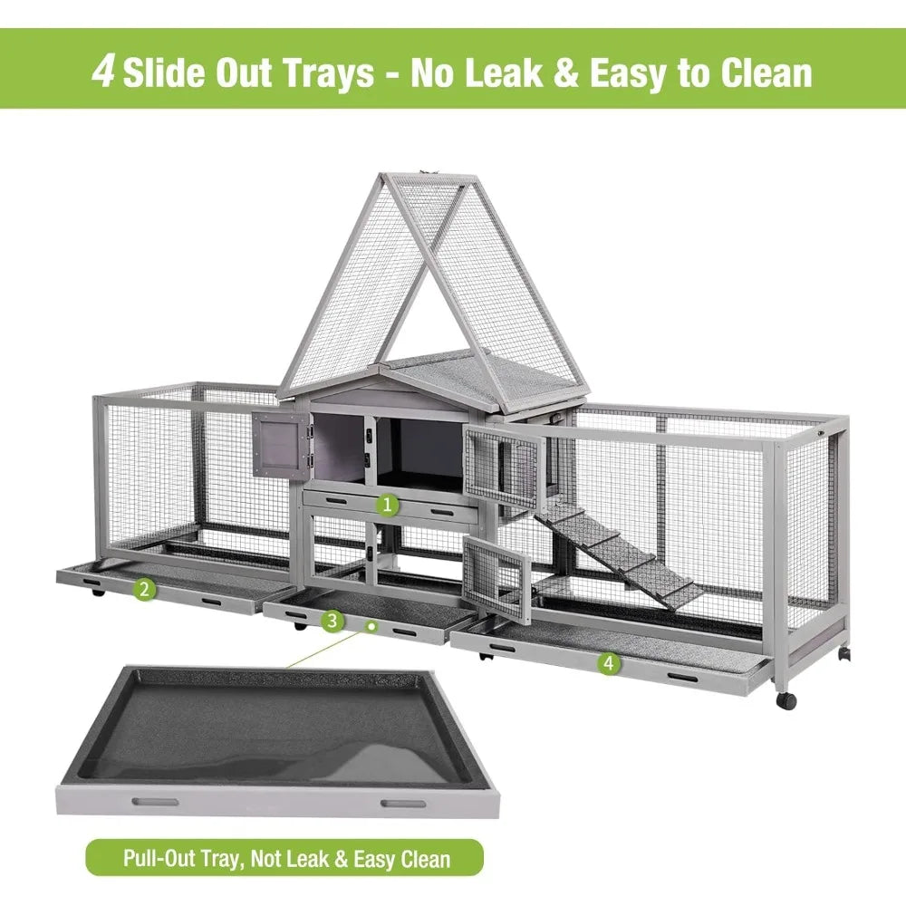 Rabbit Hutch Bunny Cage Indoor & Outdoor Rabbit Cage on Wheels, Large Guinea Pig Cage with 4 Deep No Leakage Pull Out Trays - 93