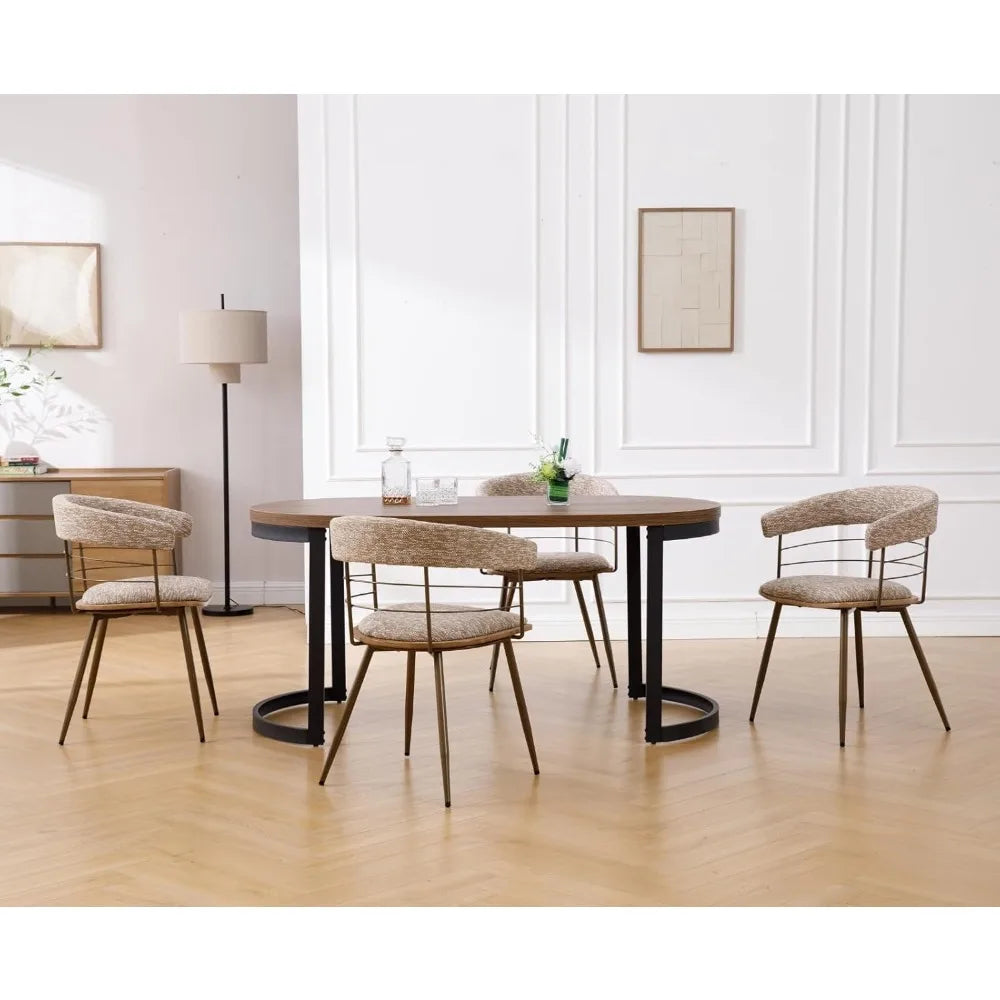 Khaki Dining Chairs Set of 4, Mid Century Modern Kitchen Chairs with Bronze Metal Legs/Curved Open Back, Chenille Fabric Side Ch