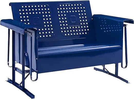 Retro Metal Outdoor Loveseat Glider, 2-Person Rocking Patio Bench for Porch, Deck, Navy Gloss