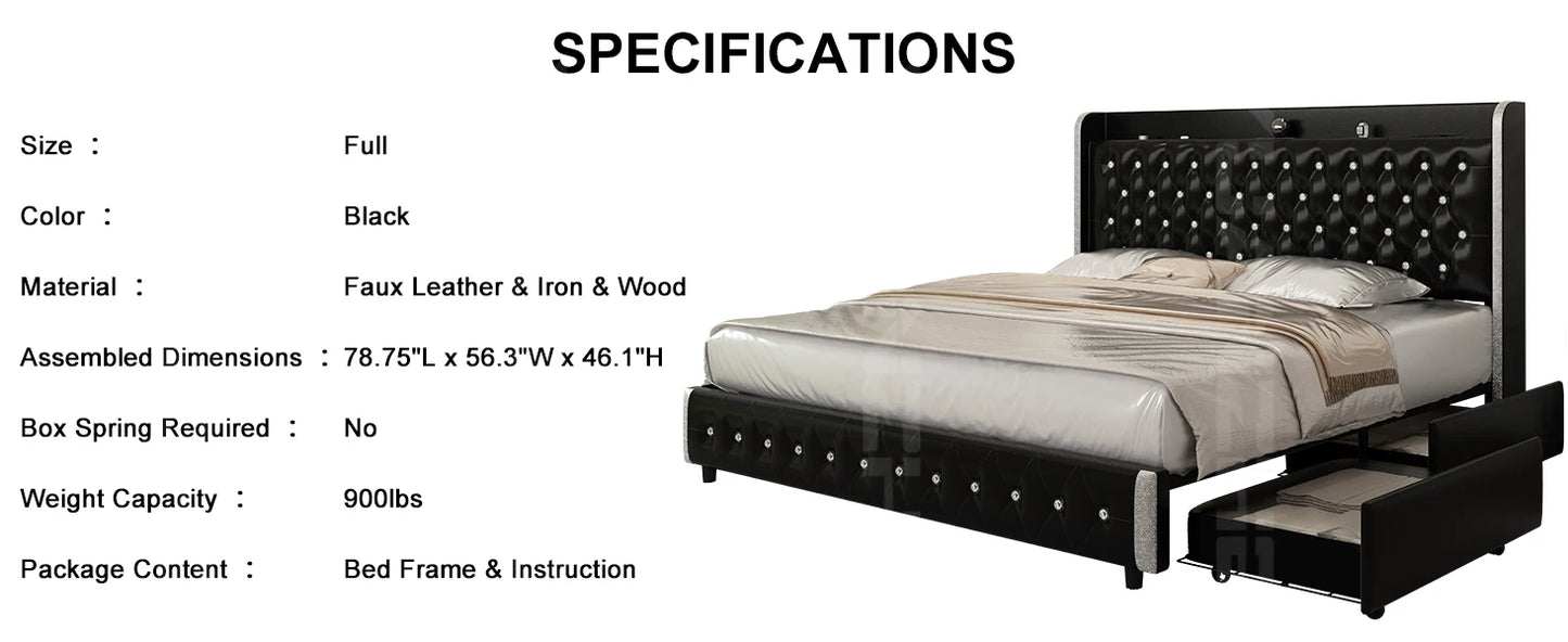 Queen LED Bed Frame with Galaxy Projector, Bluetooth Speaker, USB Ports, 4 Drawers, No Box Spring Needed