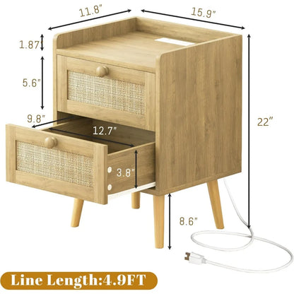 Rattan Nightstand with Charging Station Set of 2