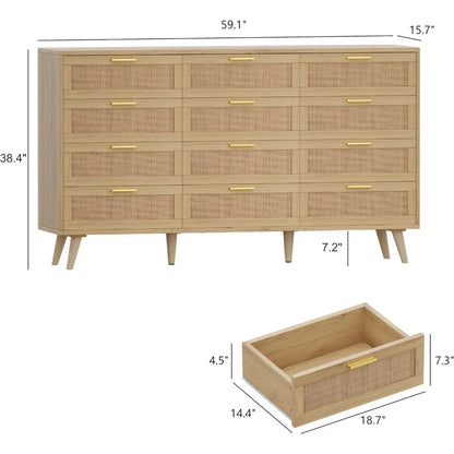 12 Drawer Double Dresser for Bedroom, Rattan Chest of Dressers, Modern Wooden Dresser Chest with Golden Handles