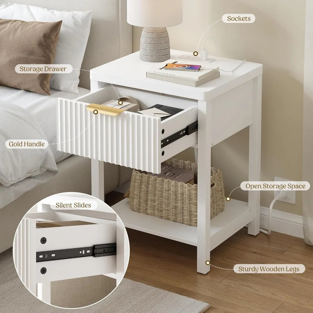 Modern White Nightstand with Charging Station, Fluted Bedside Table with Drawer, Wood End Table for Bedroom, Space Saving