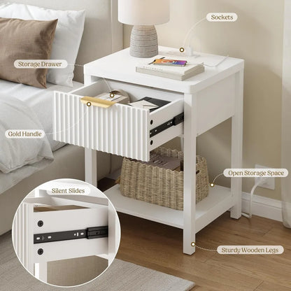 Modern White Nightstand with Charging Station, Fluted Bedside Table with Drawer, Wood End Table for Bedroom, Space Saving