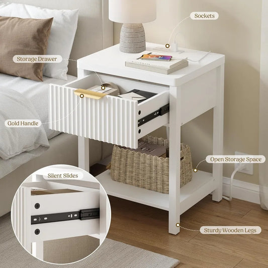 Modern White Nightstand with Charging Station, Fluted Bedside Table with Drawer, Wood End Table for Bedroom, Space Saving