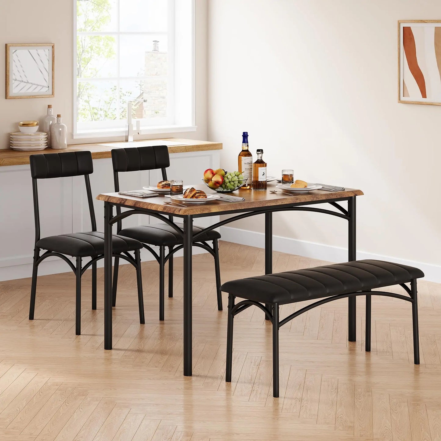 Dining Table Set for 4,Kitchen Table and Chairs for 4,Rectangular Kitchen Table Set with Upholstered Bench,Dining Room Table Set