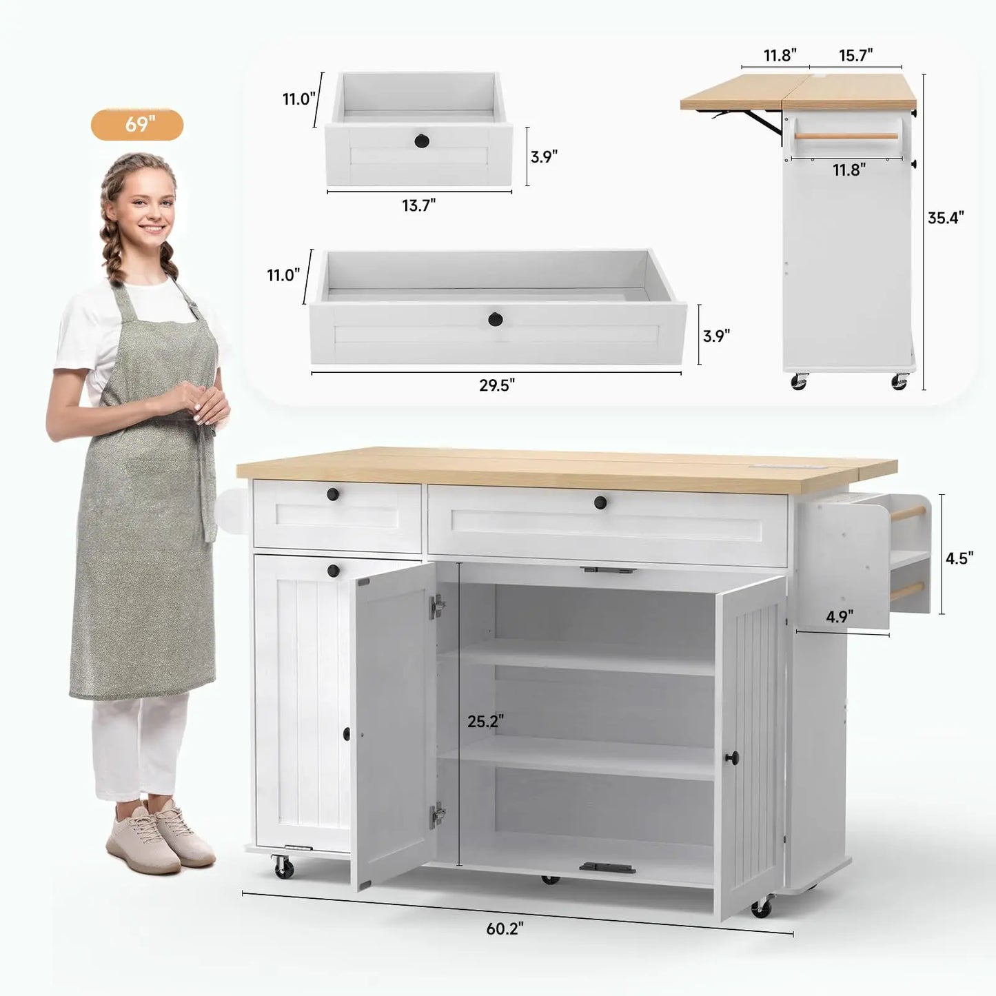 60" Mobile Kitchen Islands Rolling Trolleys Kitchen Island Table Drop Leaf Home Carts with Power Outlet Spice Towel Rack