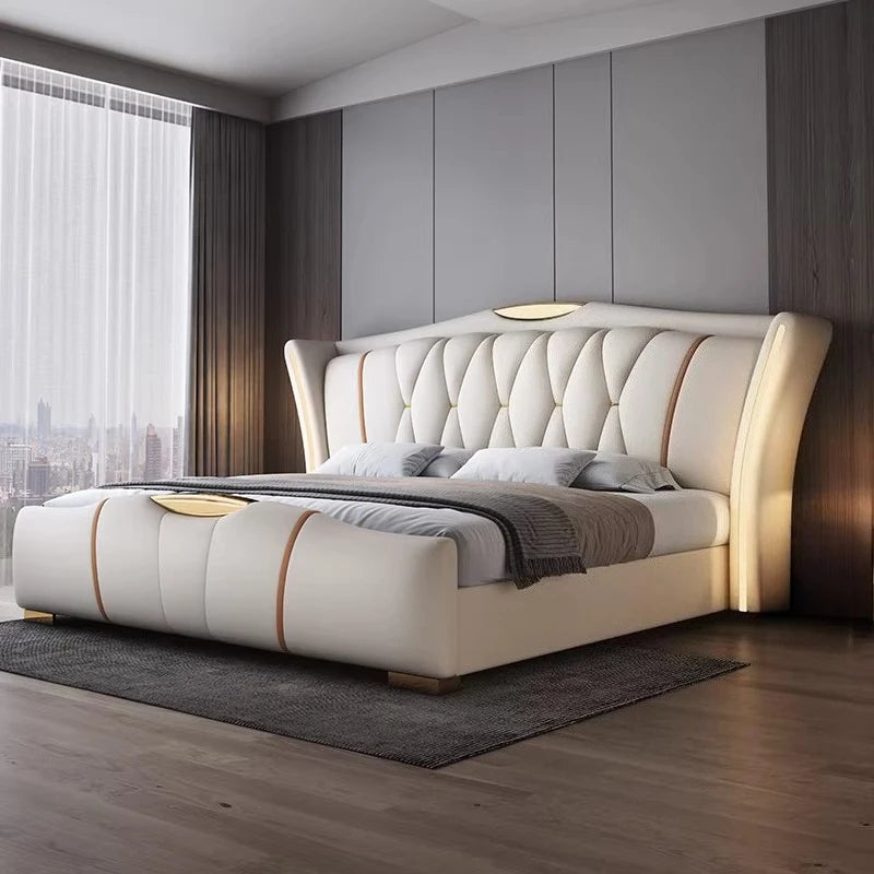 Leather bed with light modern minimalist lit 150x200 180x200 200x220 cm Double bed 2 people bedroom beds frames Furniture