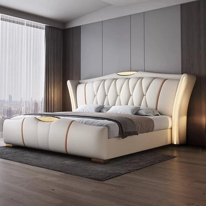 Leather bed with light modern minimalist lit 150x200 180x200 200x220 cm Double bed 2 people bedroom beds frames Furniture