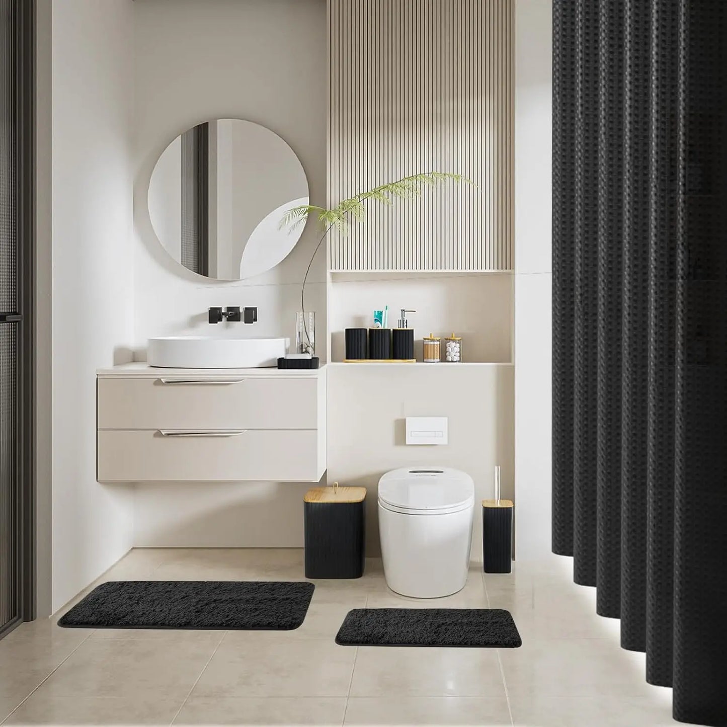 24PCS Black Bathroom Set. Shower Curtain, Rugs, Trash Can, Brush Holder, Soap Dispenser. Stylish & Functional.
