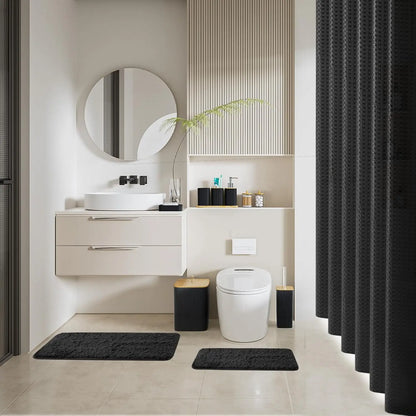 24PCS Black Bathroom Set. Shower Curtain, Rugs, Trash Can, Brush Holder, Soap Dispenser. Stylish & Functional.