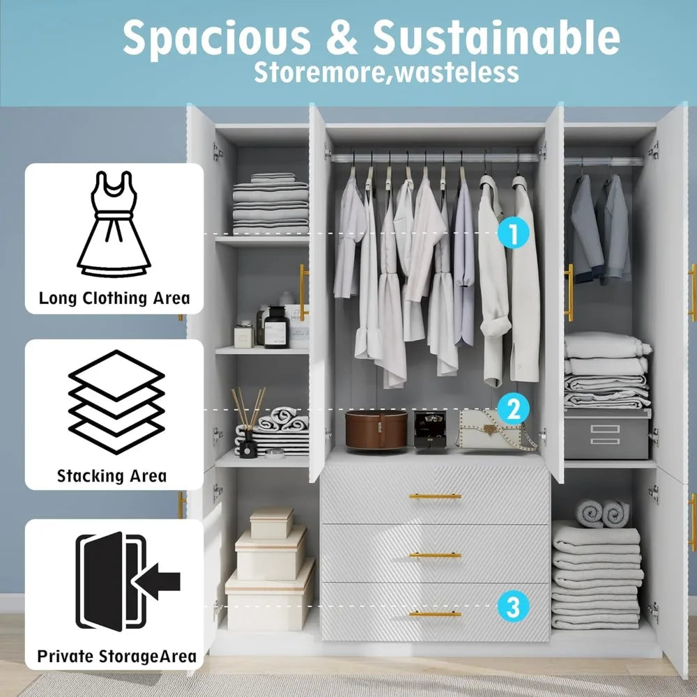 Wooden Armoire Wardrobe Closet：Large Wardrobe Closet with 4 Doors, 3 Drawers for Tall Cabinet, Wardrobe Cabinet for Bedroom with