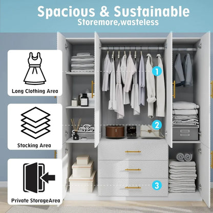 Wooden Armoire Wardrobe Closet：Large Wardrobe Closet with 4 Doors, 3 Drawers for Tall Cabinet, Wardrobe Cabinet for Bedroom with