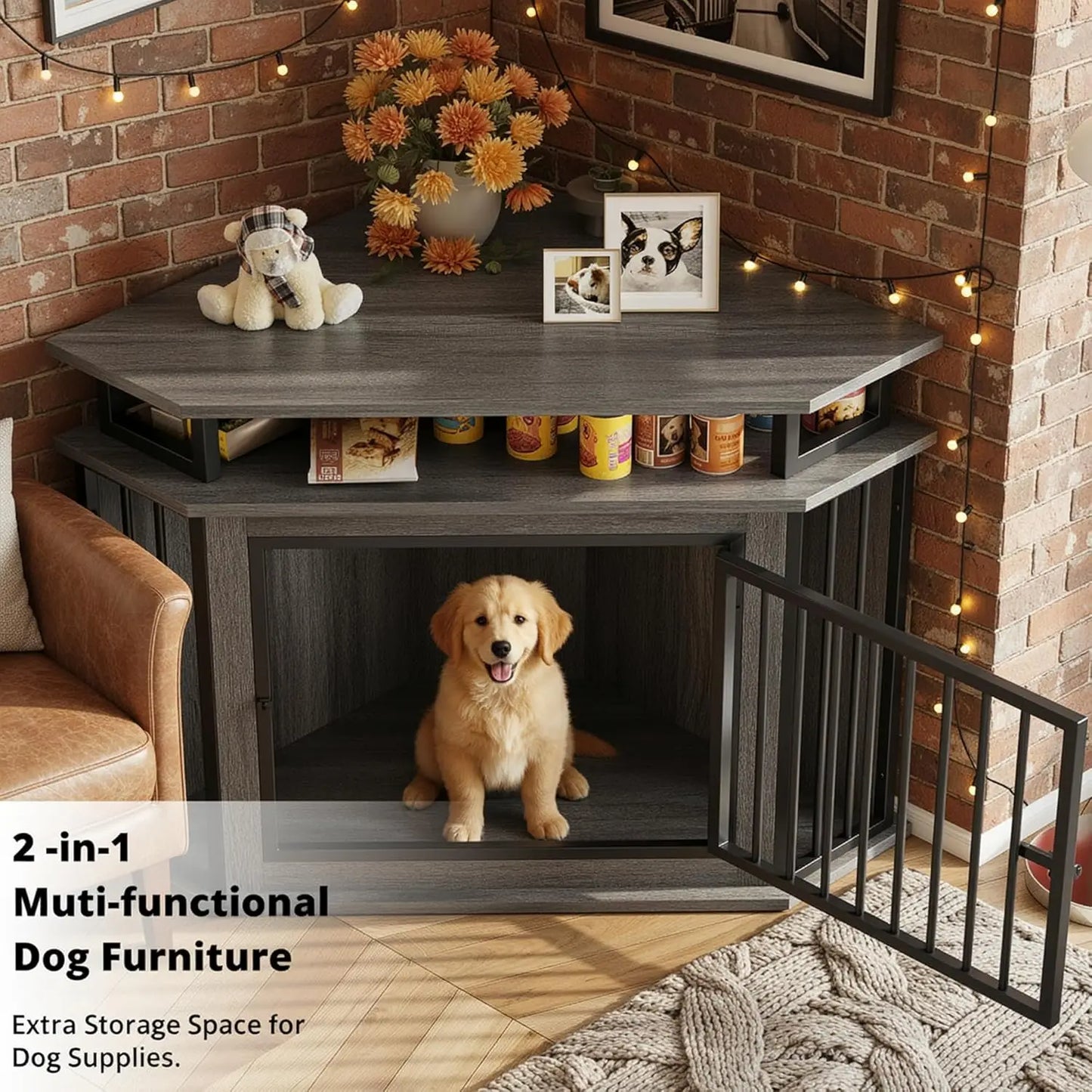 44" Corner Dog Crate with 2-Tier Shelves, Wooden Kennel Furniture for TV Stand, Indoor Pet Enclosure for Small/Medium Dogs