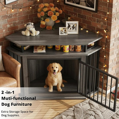 44" Corner Dog Crate with 2-Tier Shelves, Wooden Kennel Furniture for TV Stand, Indoor Pet Enclosure for Small/Medium Dogs