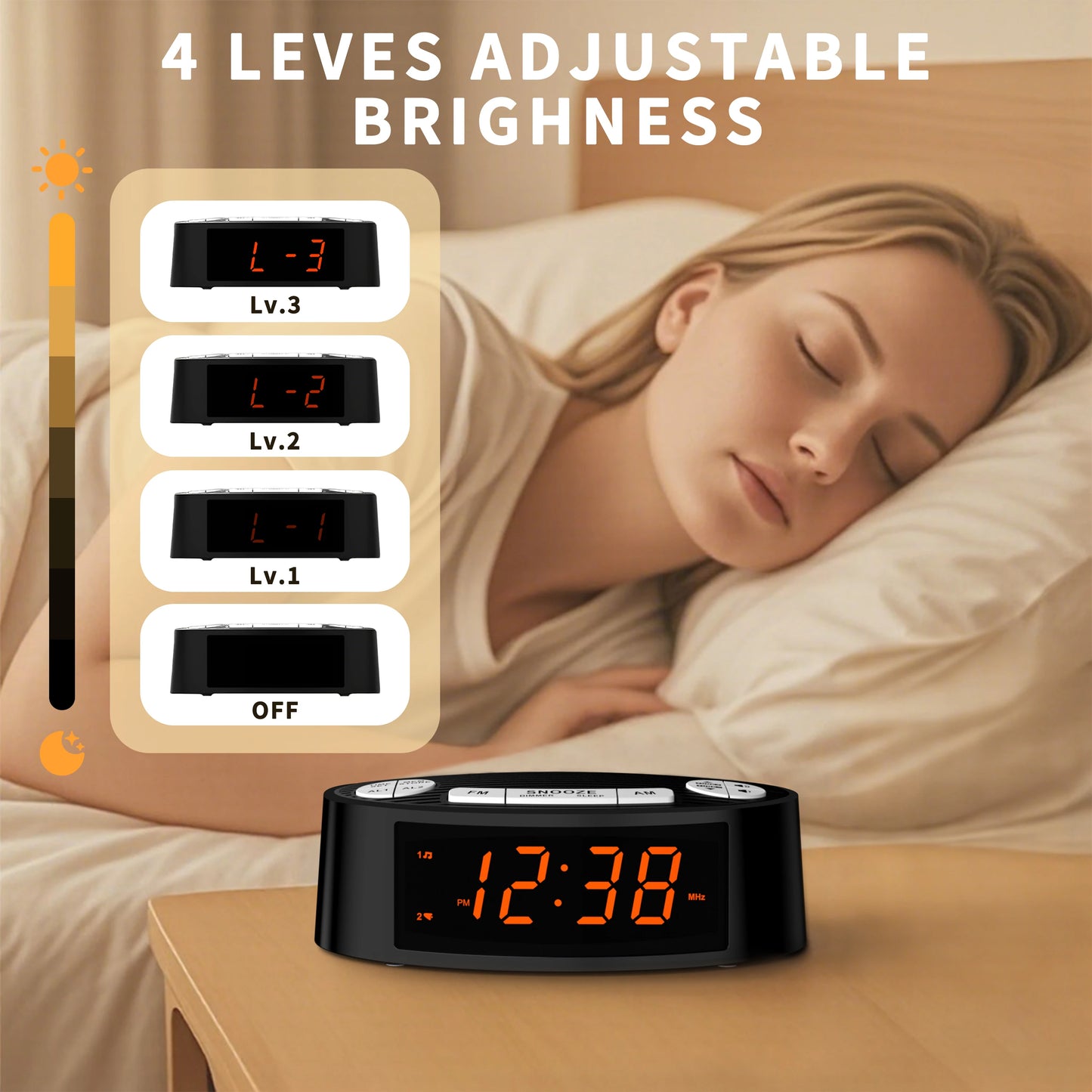 AM/FM Alarm Clock Radio with Dual Alarm Sleep Timer & Snooze Functions Orange LED Display 4-Level Dimming Option iTOMA CKS3301U