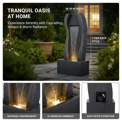 Standing Cascading Stream 38.58-inch Height For Garden Home Backyard, Rock Base Style Waterfall LED Light Water Pump Floor Decor Outdoor Indoor Ornament