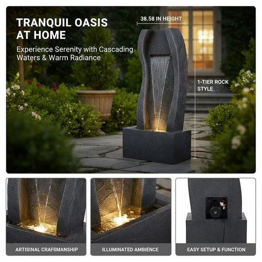 Standing Cascading Stream 38.58-inch Height For Garden Home Backyard, Rock Base Style Waterfall LED Light Water Pump Floor Decor Outdoor Indoor Ornament