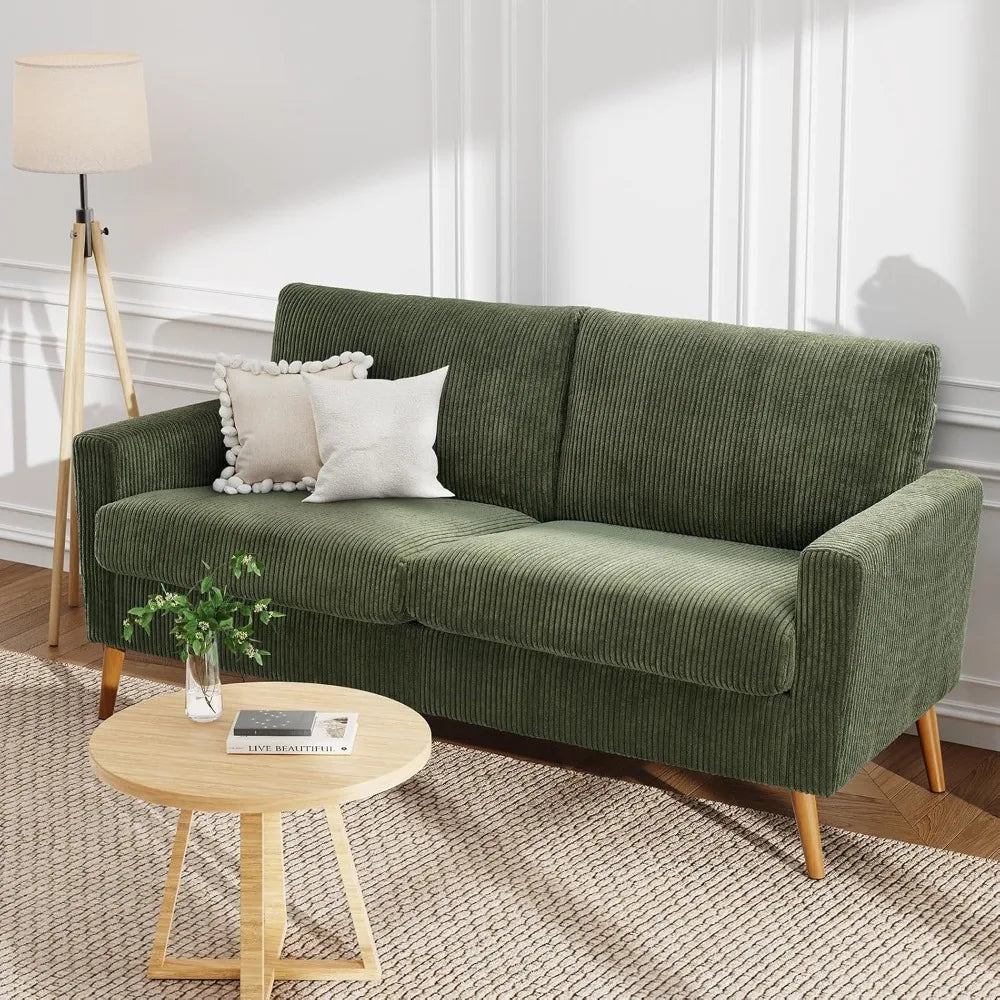 68" Loveseat Sofa Green Corduroy Couch, Mid Century Modern Love Seat Couches for Living Room