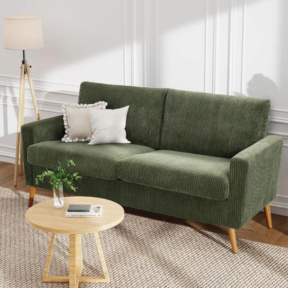 68" Loveseat Sofa Green Corduroy Couch, Mid Century Modern Love Seat Couches for Living Room