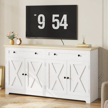 Buffet Cabinet with Storage, Sideboard Storage Cabinet,  Natural Wood, Kitchen Cabinet with Drawers & Doors, White