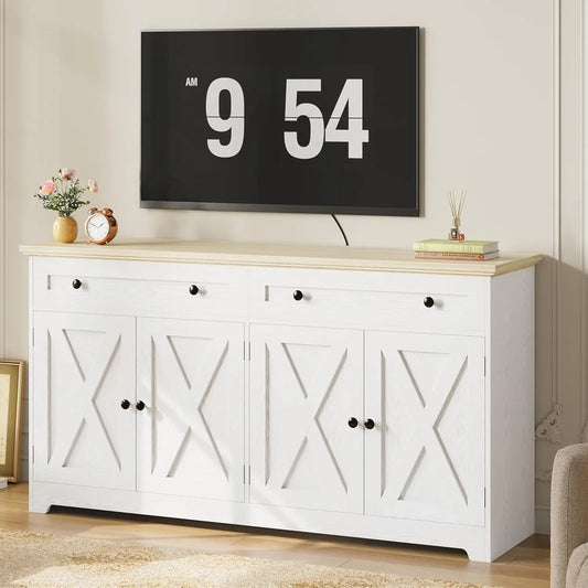 Buffet Cabinet with Storage, Sideboard Storage Cabinet,  Natural Wood, Kitchen Cabinet with Drawers & Doors, White