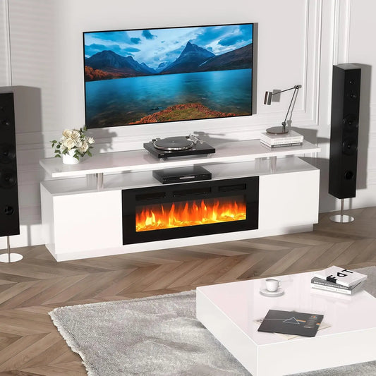 70" Fireplace TV Stand with 36" Electric Fireplace, LED Light Entertainment Center & Remote, for TVs Up to 80", 2-Tier Media