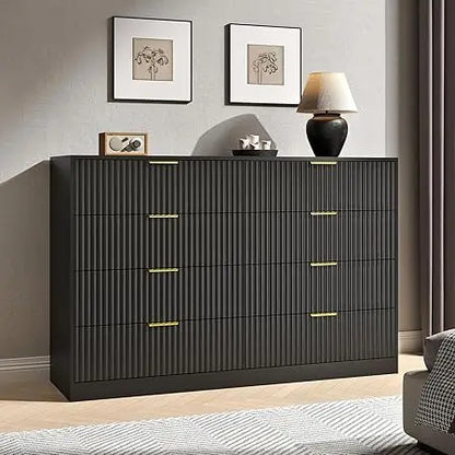 Fluted Dresser for Bedroom with 8 Drawer, 55” Wide White Double Drawer Dresser Modern Chest of Drawers with Metal Handle