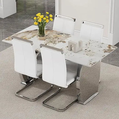5-Piece Rectangular Faux Marble Dining Set with 4 White Chairs