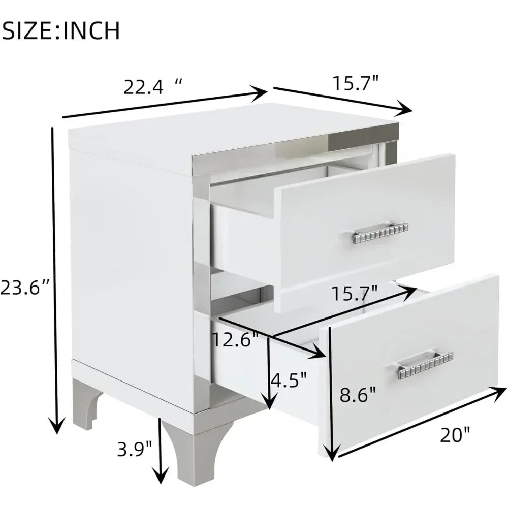 Elegant White High Gloss 2-Drawer Mirrored Nightstand with Metal Handles and Legs, Ideal for Bedroom and Living Room