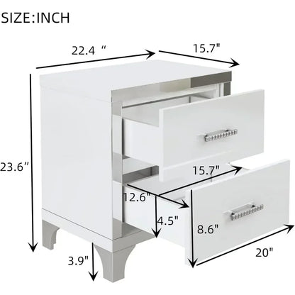 Elegant White High Gloss 2-Drawer Mirrored Nightstand with Metal Handles and Legs, Ideal for Bedroom and Living Room