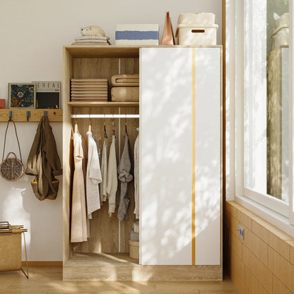 Wardrobe Armoire with Sliding Doors & Storage Compartments, Clothes Cabinet with Hanging Rod for Bedroom