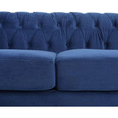 Modern 84 Velvet Chesterfield Sofa with Tufted Design, Scroll Arms, and Wooden Legs for Living Spaces (Blue)