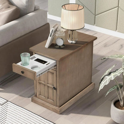 Multifunctional Classic Vintage End Table with USB Ports and 1 Drawer with Cup Holders