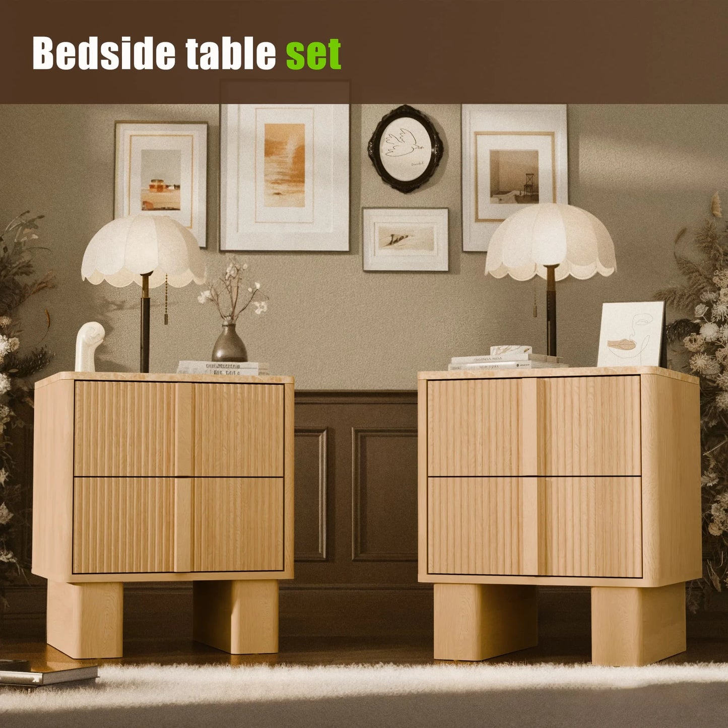 Set of 2 Fluted Nightstands w/ Charging, 2-Drawer End Tables w/ Reinforced Legs, Whitewashed Oak for Bedroom