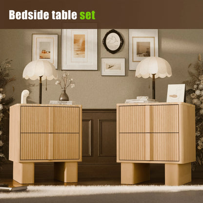 Set of 2 Fluted Nightstands w/ Charging, 2-Drawer End Tables w/ Reinforced Legs, Whitewashed Oak for Bedroom