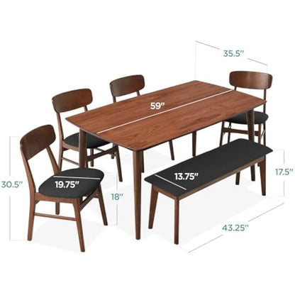 6-piece wooden dining set, mid-century modern table & upholstered chair set w/bench seat, rubberwood legs - walnut/charcoal
