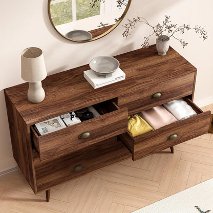 Walnut Brown Dresser for Bedroom, 6 Drawer Dresser with Wide Drawers and Metal Knob, Wood Dressers & Chest of Hallway, Entryway.