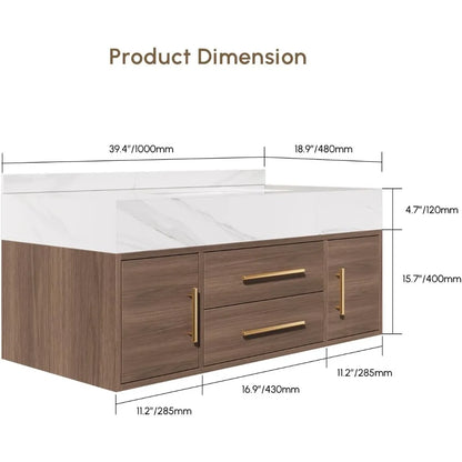 Floating Bathroom Vanity with Sintered Stone Vessel Sink 2 Drawers (Walnut with Doors, 39.4'')
