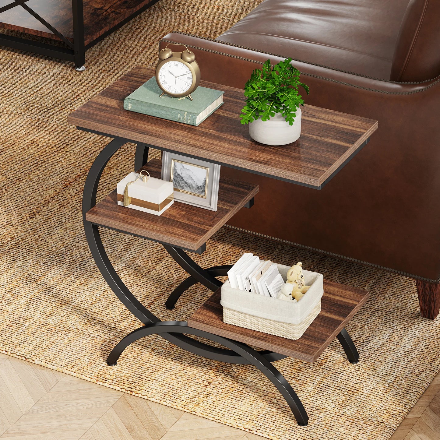 C-Shaped End Table, Industrial 3-Tier Small Table for Couch, Wood Bedside Table Snack Table with Storage Shelves