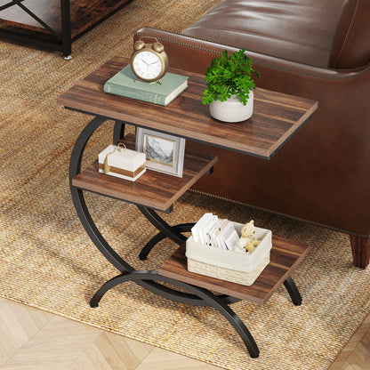 C-Shaped End Table, Industrial 3-Tier Small Table for Couch, Wood Bedside Table Snack Table with Storage Shelves