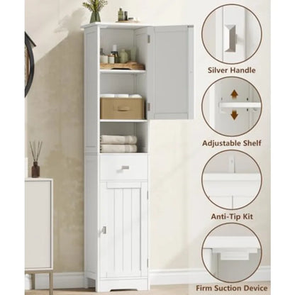 Tall Bathroom Storage Cabinet with 2 Doors 67" H Narrow Floor Cabinet with Adjustable Shelves and Drawer Anti-Tip Design 11.8 x