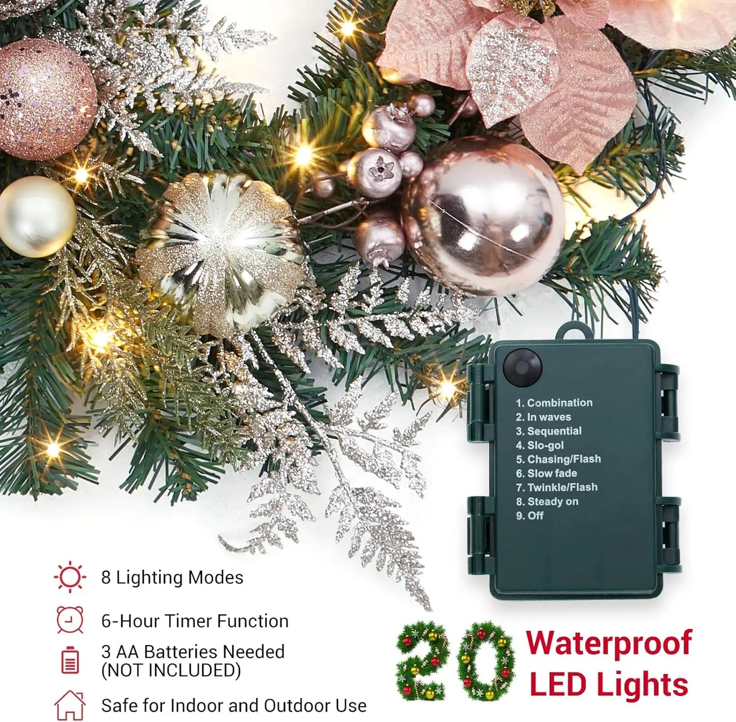 Christmas Garland with Lights, 6ft Pre Lit Outdoor Xmas Garland with Timer 20 LED Lights Pinecones Rose Gold Ball Ornaments