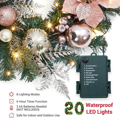 Christmas Garland with Lights, 6ft Pre Lit Outdoor Xmas Garland with Timer 20 LED Lights Pinecones Rose Gold Ball Ornaments