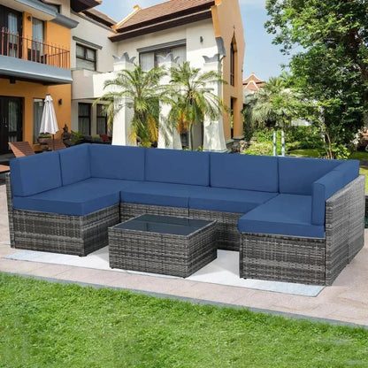 7 Piece Patio .PE Rattan Gray WickerOutdoor Sectional Furniture Chair Set