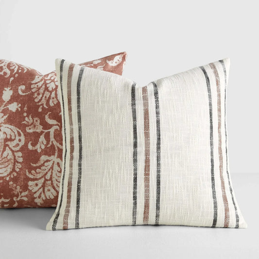 2-Pack Floral & Stripe Decor Throw Pillows, Terracotta & Yarn-Dyed Cushion Covers for Sofa Bed, Boho Home Accent Pillows