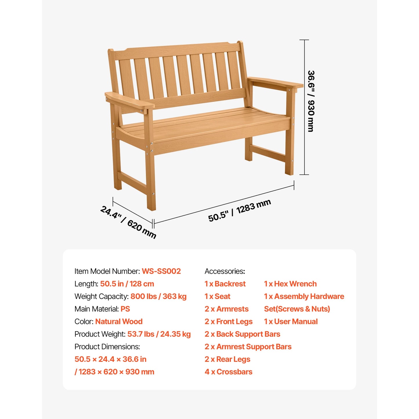 Outdoor Bench Wooden Metal Garden Bench for Outdoors 480 lbs Load Capacity Bench Outdoor Garden Park Bench