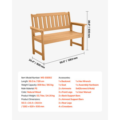 Outdoor Bench Wooden Metal Garden Bench for Outdoors 480 lbs Load Capacity Bench Outdoor Garden Park Bench