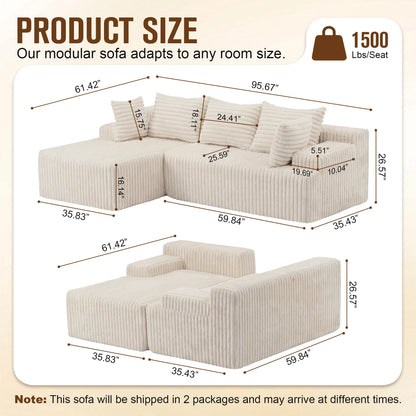 L-Shape Corduroy Sectional Sofa,Cloud-Like Couch,Boneless Couches, No Assembly Required,Deep Seat, for Living Room