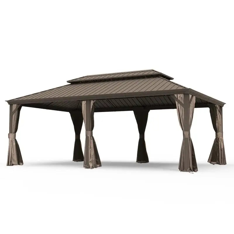14x24 Hardtop Gazebo, Upgraded Metal Canopy with Drainage, Dual-Layer Galvanized Steel Roof, Includes Curtains & Netting,